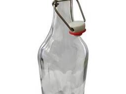 Бутылка Квадратная Бугельная, стеклянная (прозрачная) 1 л. с бугельной пробкой