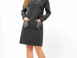 Чёрное нарядное платье с жемчугом и воротником, костюмный креп, до колена 52