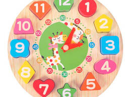 Деревянная игрушка Часы Woody цифры- рамка-вкладыш, шнуровка (Жираф) (MD 1894(Giraffe))