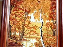 Картина с янтаря (бурштин) берёза, озеро, деревья