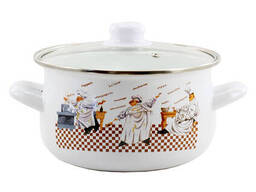 Кастрюля эмалированная Interos с крышкой 4 л Ø 22.5 см белая рисунок "Повара"