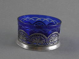 Конфетница ваза скань мельхиор и синее кобальтовое стекло СССР 60-70гг скло