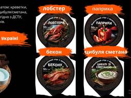 Майонезний соус з ароматом БЕКОНУ, ПАПРИКИ, КРЕВЕТКИ, ЛОБСТЕРУ, ЦИБУЛЯ СМЕТАНА.