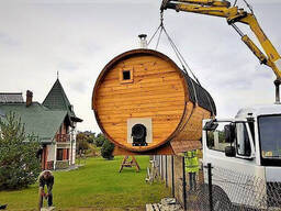 Mobile sauna barrel made of turnkey timber 5.0x2.15m Fasssauna-5.0 from the. ..