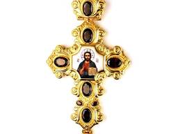 Нагрудный крест латунный в позолоте с деколью и украшениями 2.10.0387лп-2