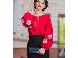 Шикарна жіноча блуза червоного відтінку з вишитими білими трояндами