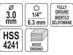 Свердло по дереву Yato Ø3 x 65/35 мм Hex 1/4" Hss 4241