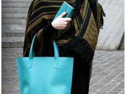 Женская кожаная сумка шоппер бирюзовая. ..